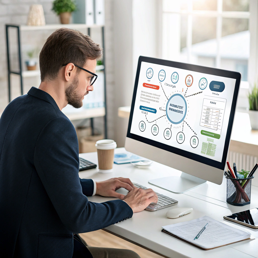 A SEO professional optimizing content using semantic analysis tools, keyword relationships and content structure visualized on a screen, modern SEO workspace, realistic photography, no text overlay, 16:9