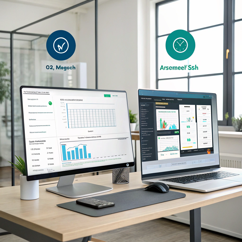 A comparison scene showing a general AI assistant on one screen and advanced SEO tools on another, displaying SERP analysis, semantic data and performance metrics, modern professional office, realistic style, no text overlay, 16:9