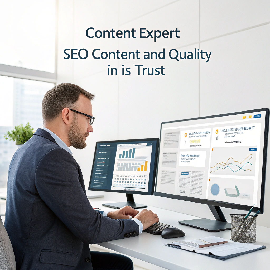A content expert validating SEO content quality, trust and expertise, reviewing data sources and content credibility on multiple screens, professional and serious atmosphere, realistic style, no text, 16:9