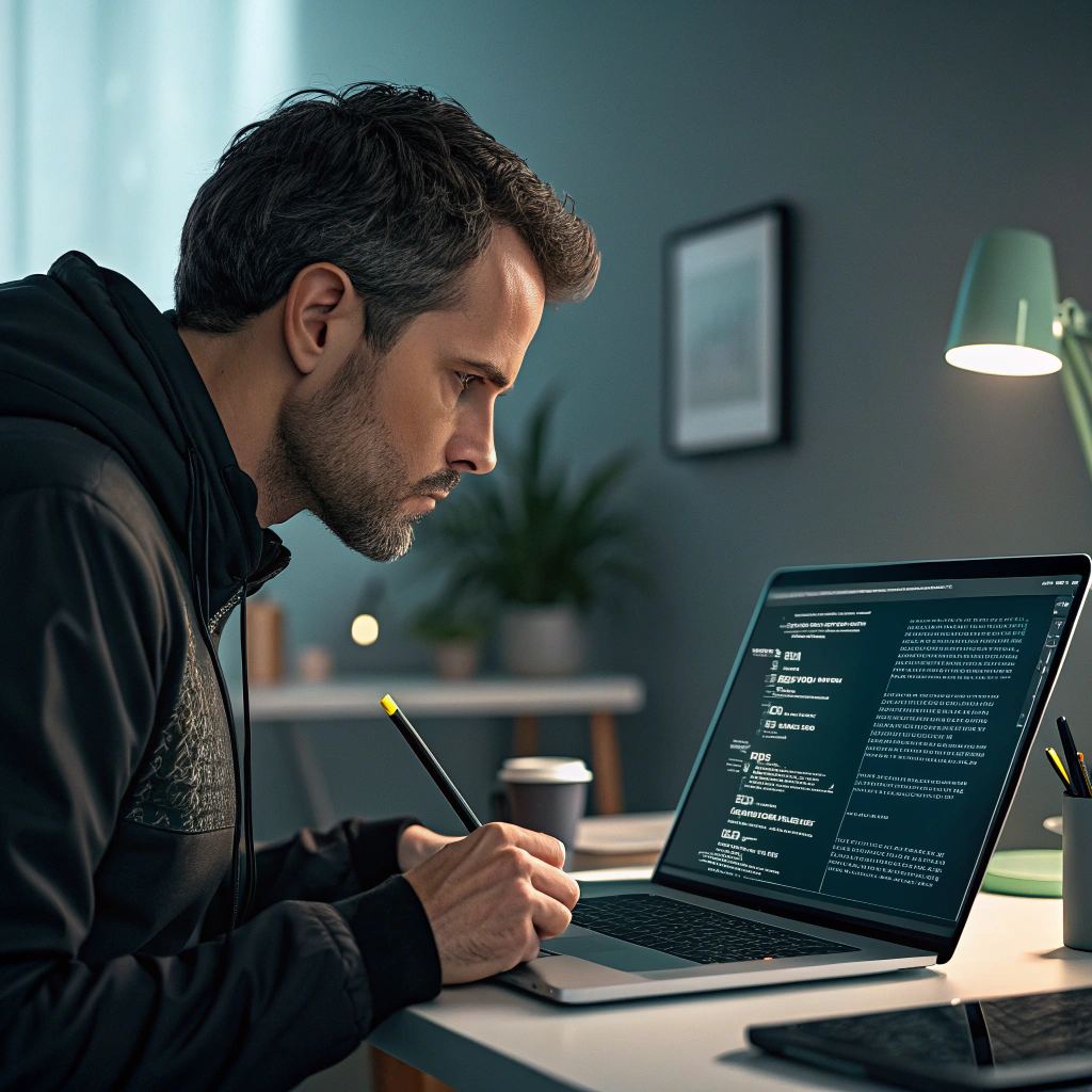 A human writer reviewing and editing AI-generated content on a laptop, highlighting collaboration between human expertise and artificial intelligence, professional editing environment, realistic lighting, no text, 16:9