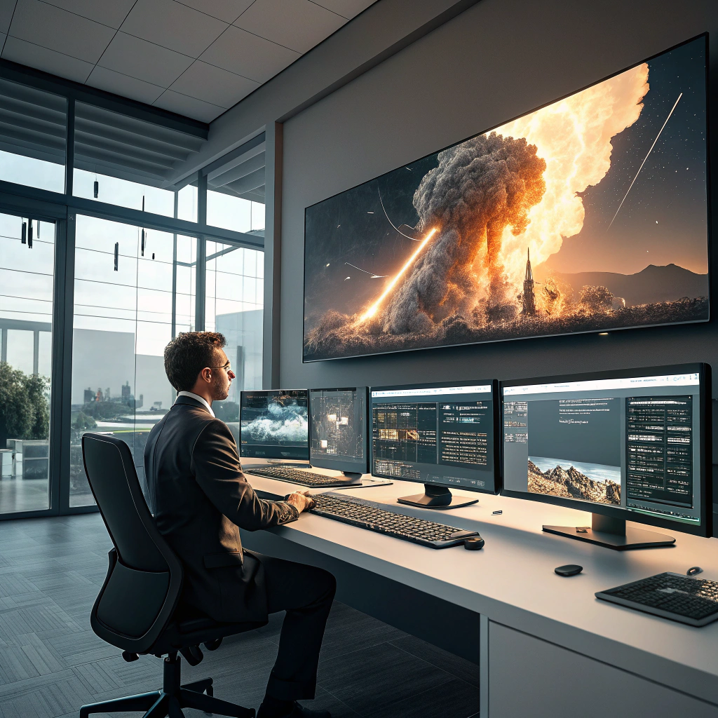 A realistic professional office scene showing the early impact of AI on SEO content creation, a digital marketer observing rapidly generated articles on multiple screens, symbolizing the explosion of AI-written content between 2022 and 2024, modern tech atmosphere, no text, 16:9, photorealistic