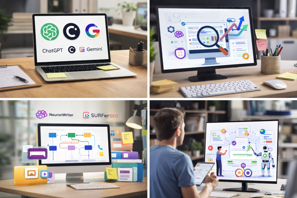 alt="Consultant SEO travaillant avec des outils d’intelligence artificielle pour optimiser un workflow de rédaction et d’analyse sémantique"
