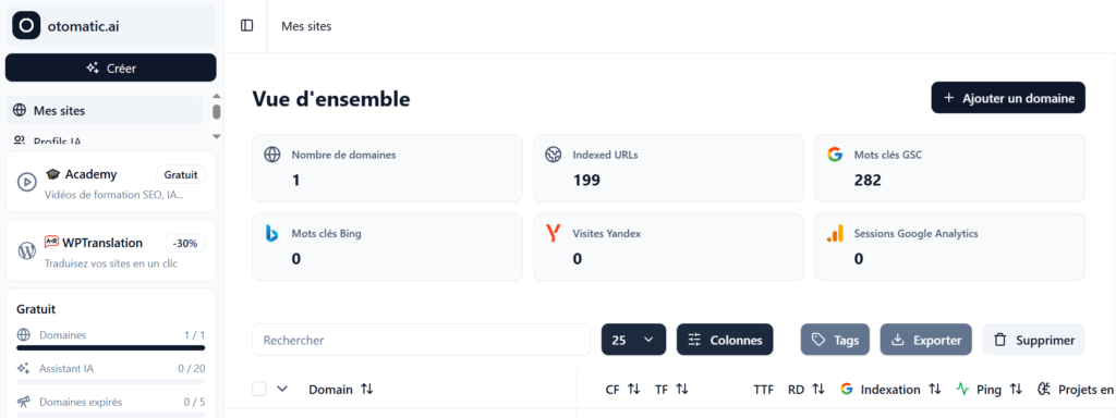 Interface SEO d'Otomatic