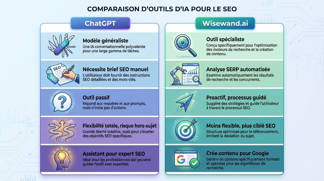 Comparatif visuel Wisewand vs ChatGPT pour le SEO : approche généraliste contre spécialiste