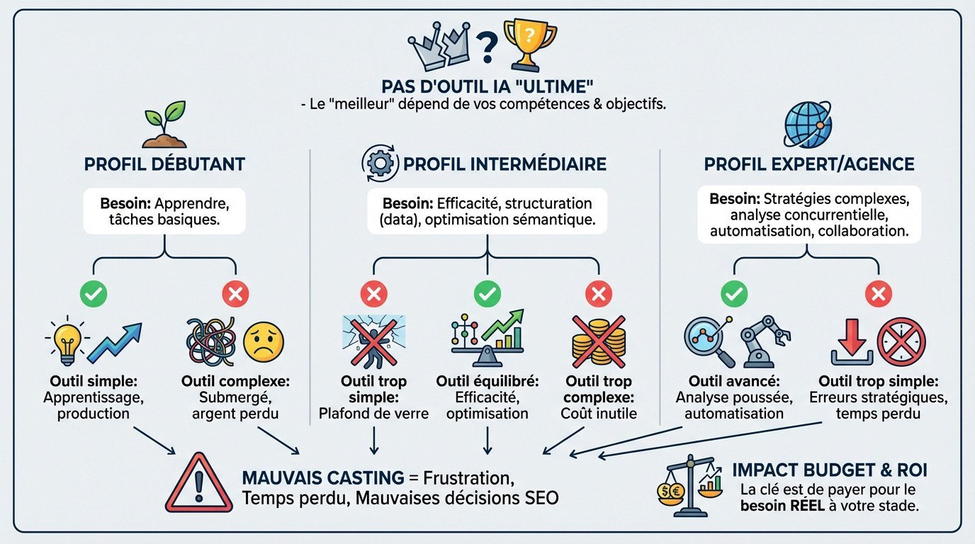 Schéma montrant quel outil IA choisir selon son niveau SEO et ses compétences techniques