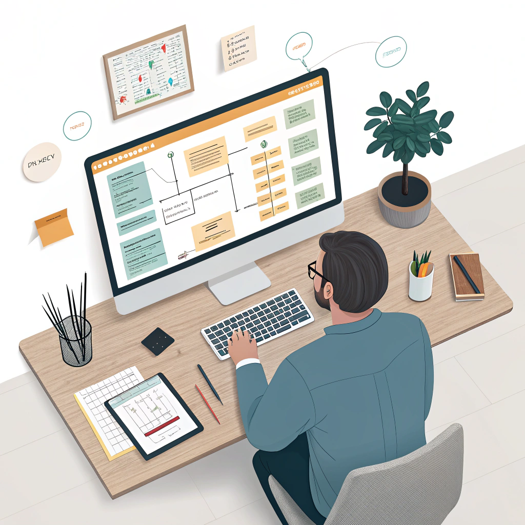 A content strategist creating an SEO brief with the help of AI, structured outlines, keyword clusters and content blocks displayed on a screen, organized workspace, calm professional mood, no text, 16:9, realistic, high detail