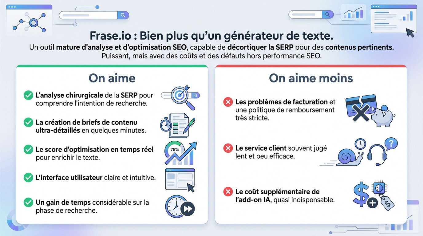 Graphique illustrant les points forts et faibles de Frase.io