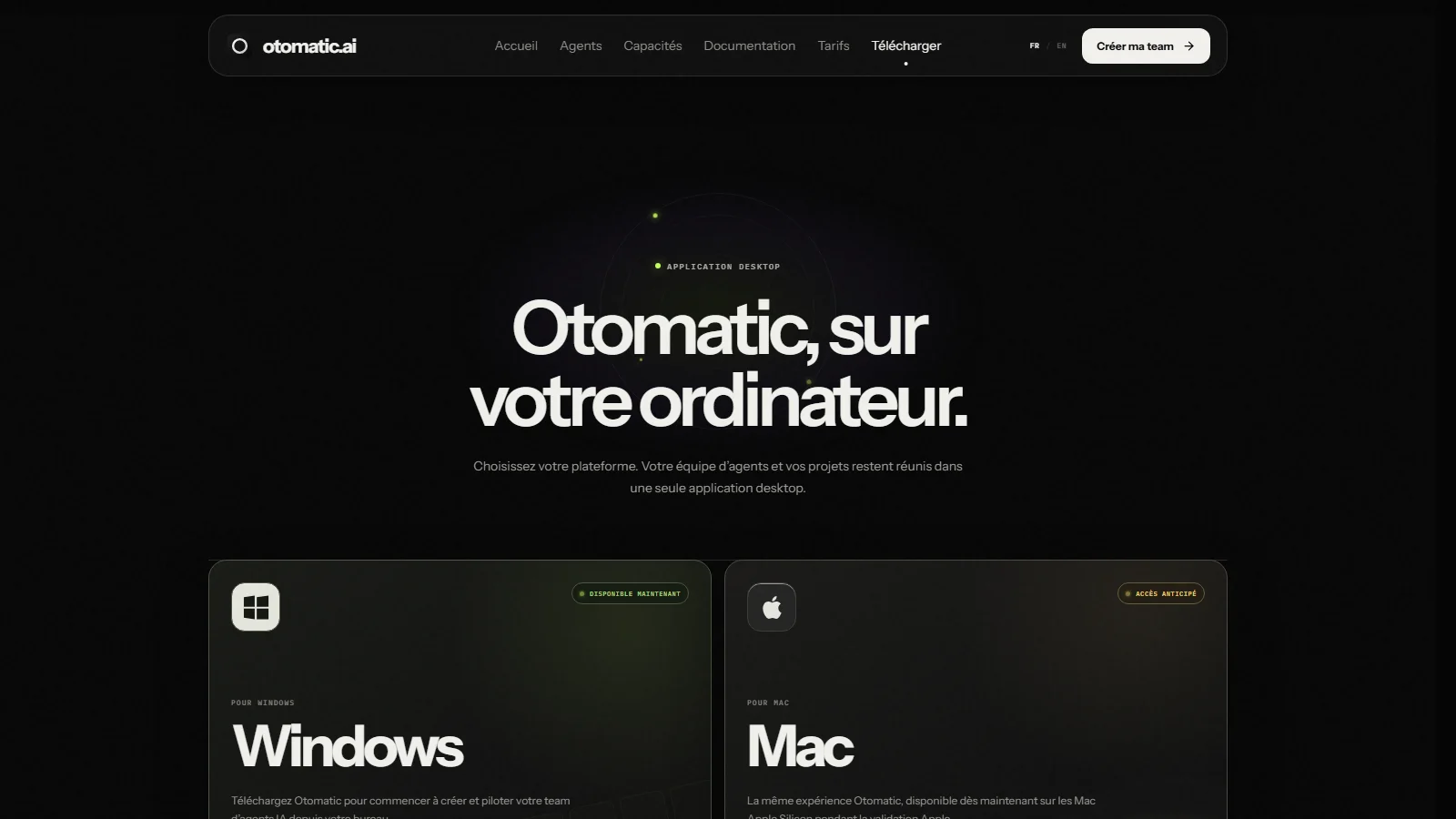 Page de téléchargement d'Otomatic : Windows disponible, Mac en accès anticipé