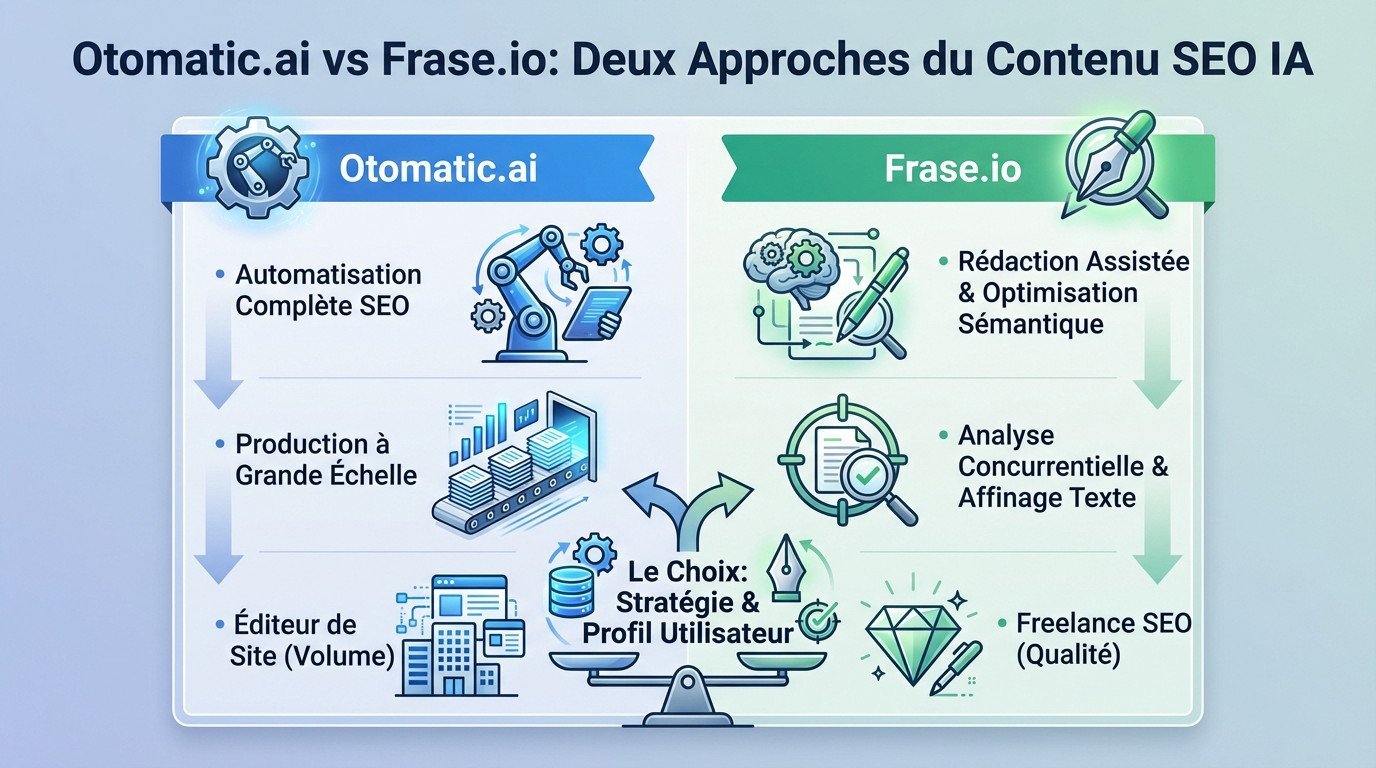 Comparatif visuel entre l'approche d'automatisation de masse d'Otomatic.ai et l'optimisation sémantique précise de Frase.io