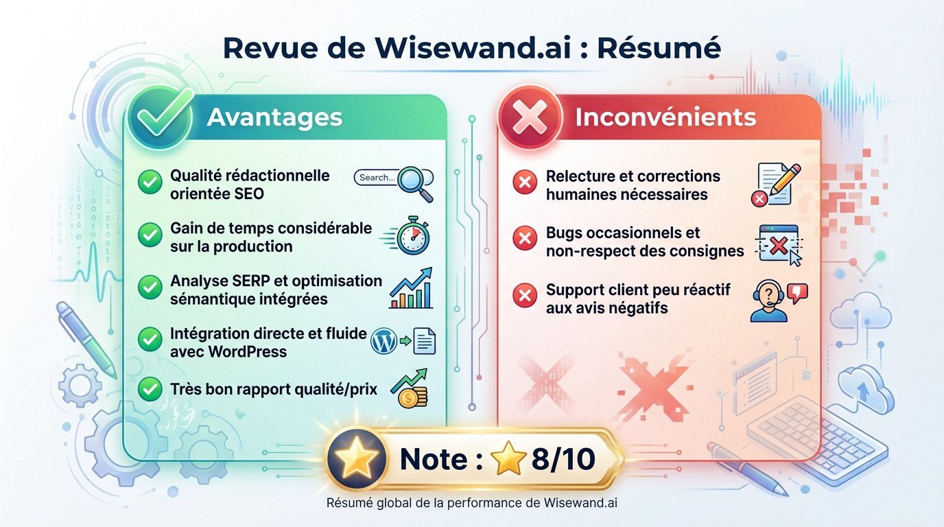 Tableau récapitulatif de notre avis sur Wisewand AI