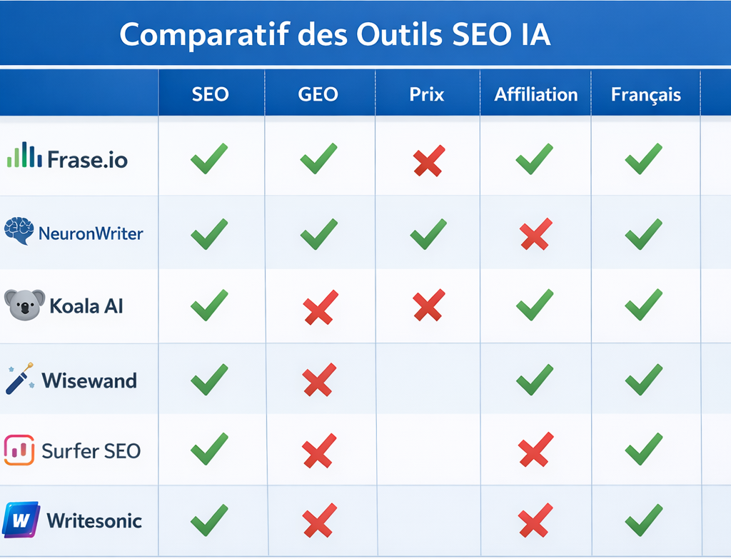 Tableau comparatif outils IA SEO 2026 fonctionnalités prix