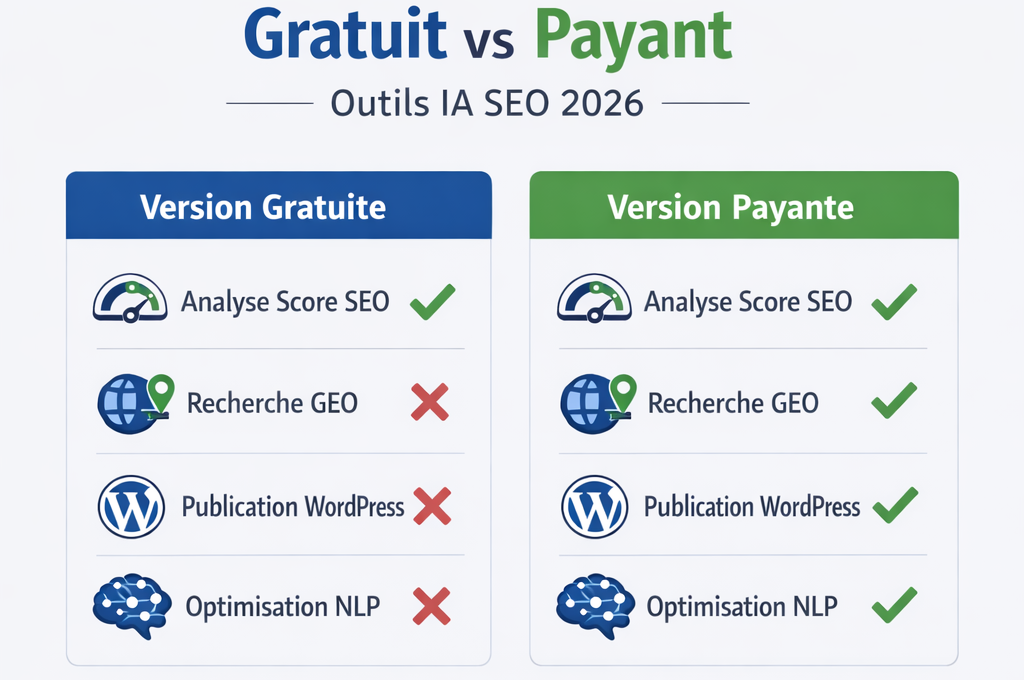 Comparatif outils IA SEO gratuits vs payants 2026 tableau