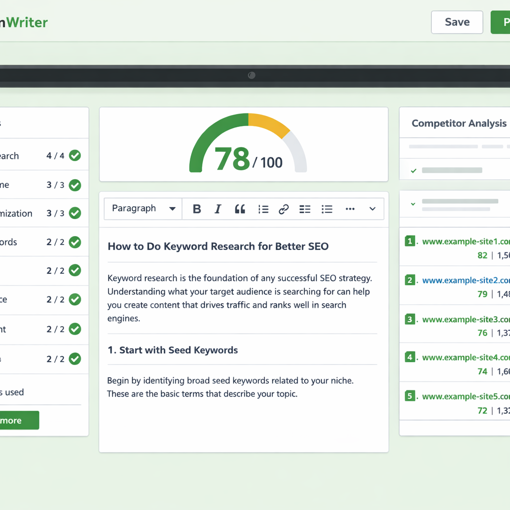 NeuronWriter Content Editor Interface — analyse NLP et score de contenu