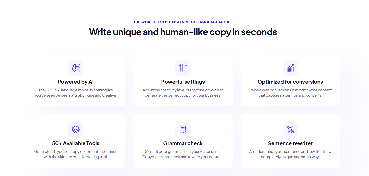 Copymatic — interface de rédaction long-form et templates disponibles