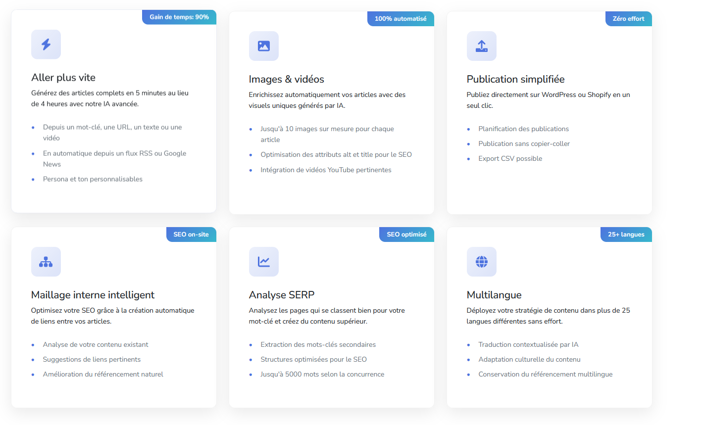 Skoatch — fonctionnalités principales : analyse SERP, maillage interne, publication WordPress