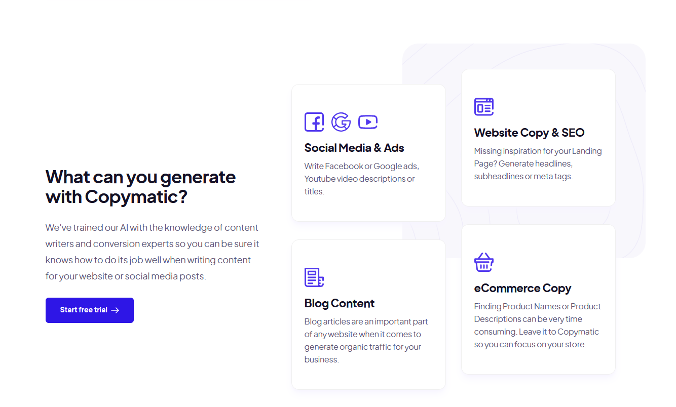 Copymatic — fonctionnalités principales : templates, long-form, images IA