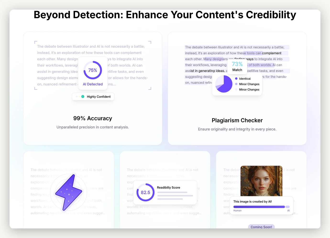 Fonctionnalités DetectGPT : 99% accuracy, plagiat, fact checking, lisibilité, détection d'images IA