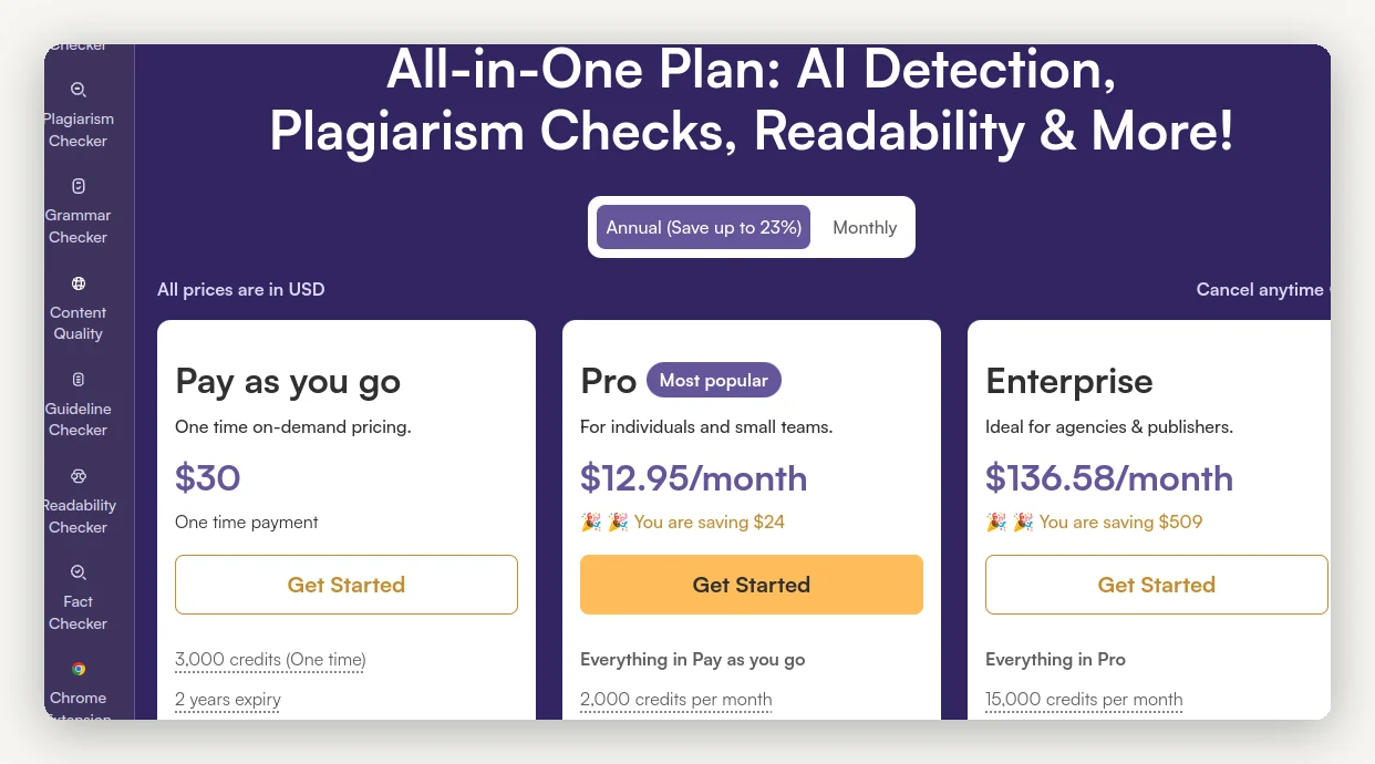 Grille tarifaire Originality.ai 2026 : Pay as you go 30$, Pro 12,95$/mois, Enterprise 136,58$/mois