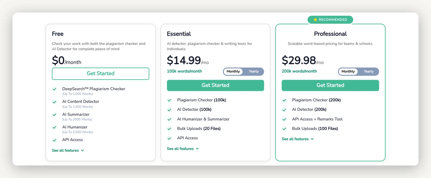 Grille tarifaire Quetext 2026 : Free 0$, Essential 14,99$/mois, Professional 29,98$/mois