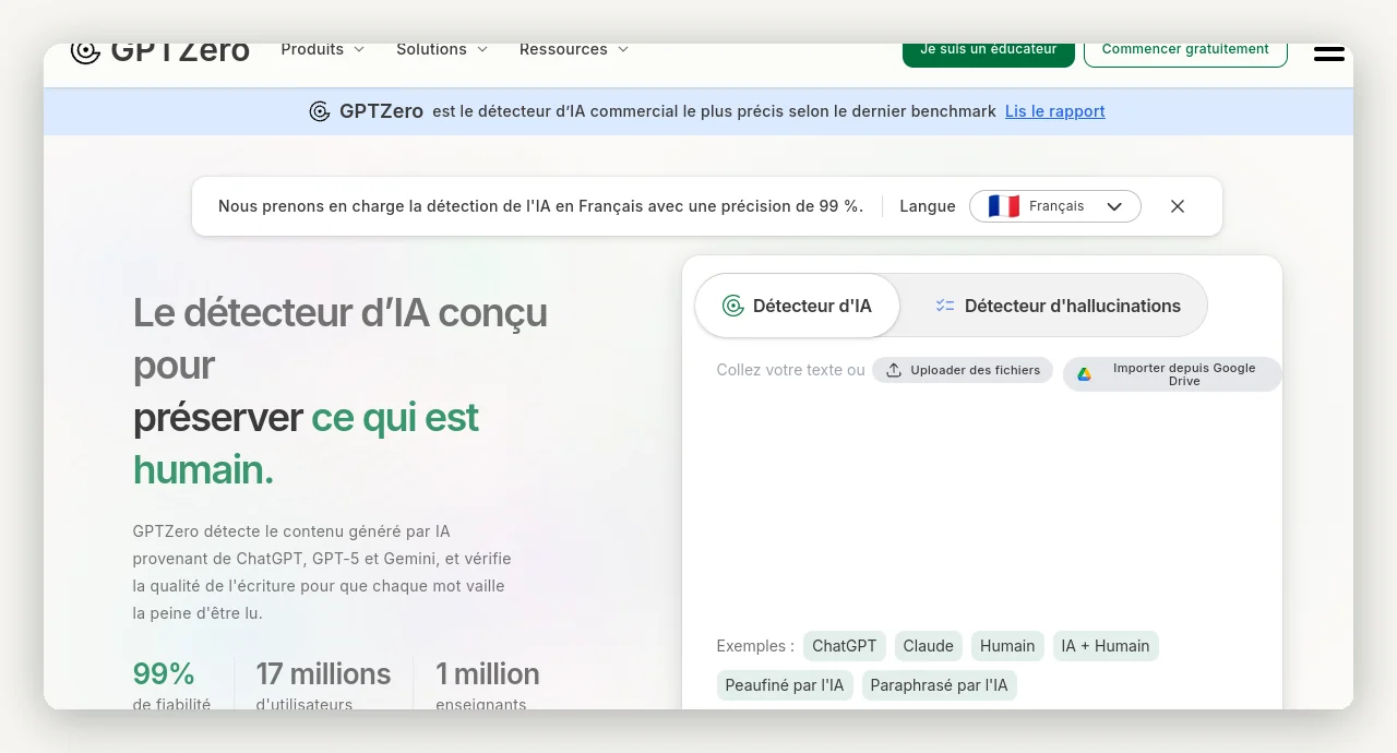 Interface de GPTZero en français : détecteur d'IA pour ChatGPT, GPT-4 et Claude