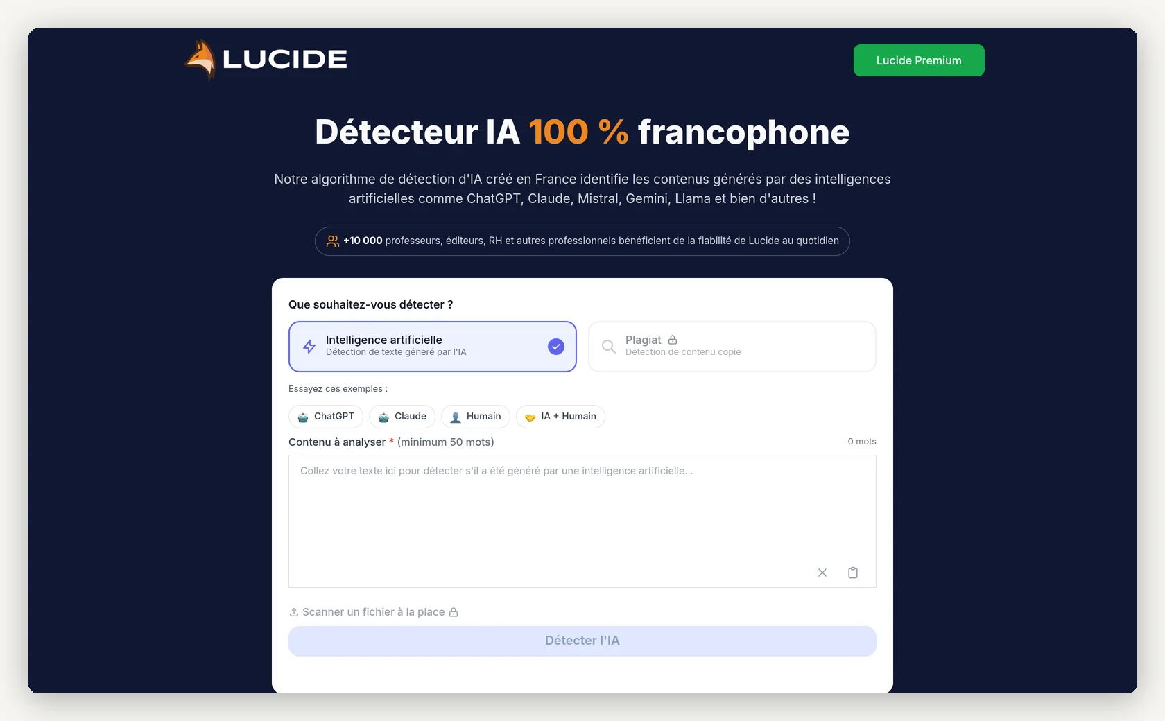 Interface du détecteur Lucide : coller un texte, choisir IA ou plagiat, détecter