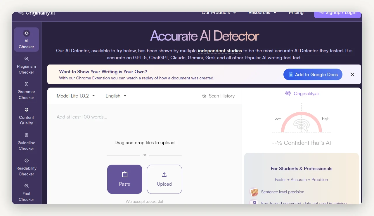 Interface d'Originality.ai : détecteur d'IA et de plagiat pour éditeurs et agences