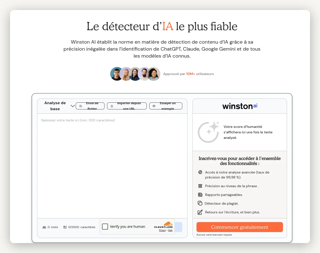 Interface de Winston AI en français : le détecteur d'IA le plus fiable, score d'humanité