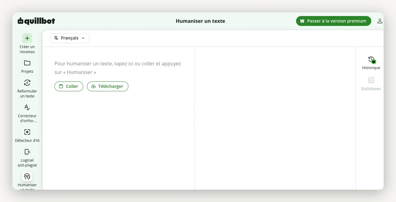 Quillbot, humaniseur de texte IA gratuit en français : coller le texte puis cliquer sur Humaniser