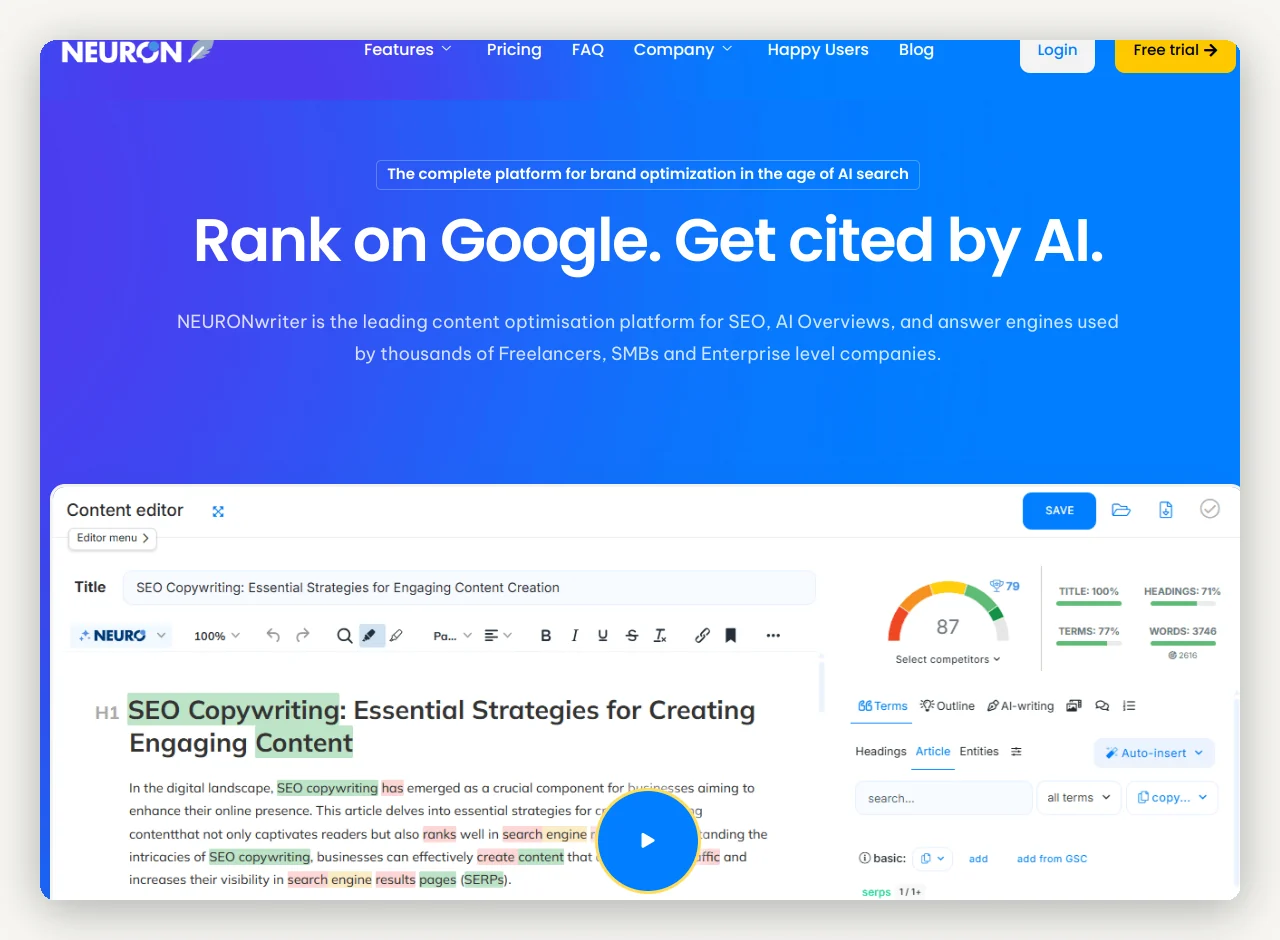 NeuronWriter homepage in 2026 — rank higher, appear everywhere, content optimization tool