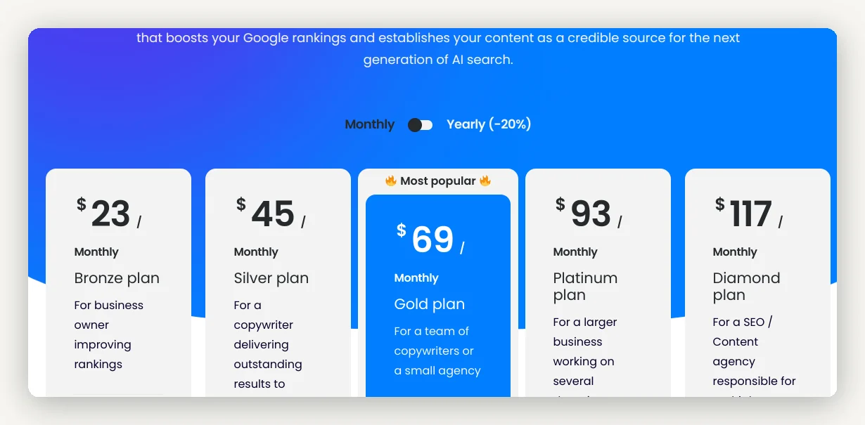 NeuronWriter pricing 2026 — Bronze $23, Silver $45, Gold $69, Platinum $93 and Diamond $117 per month plans