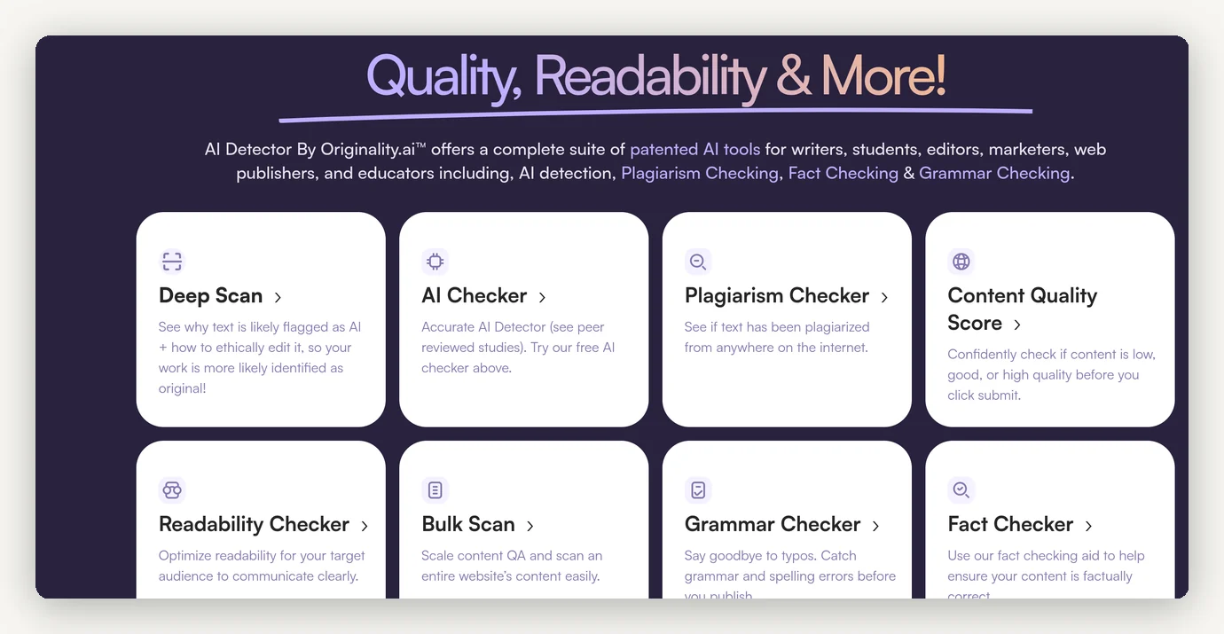 Suite Originality.ai : Deep Scan, AI Checker, Plagiarism Checker, Content Quality, Readability, Grammar et Fact Checker