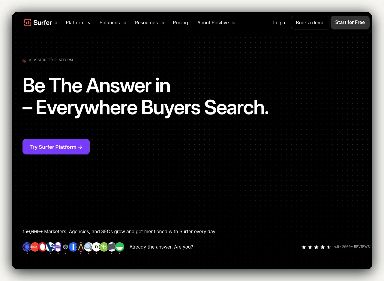 Surfer SEO homepage in 2026, positioned as an AI visibility platform with a 4.9 rating and 2000+ reviews
