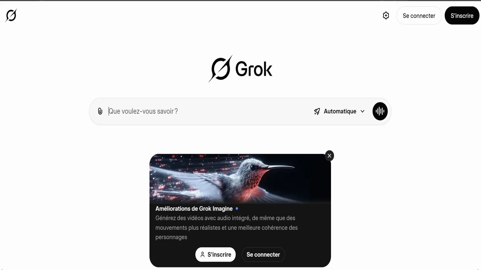 Interface de Grok en francais avec le selecteur de mode et Grok Imagine