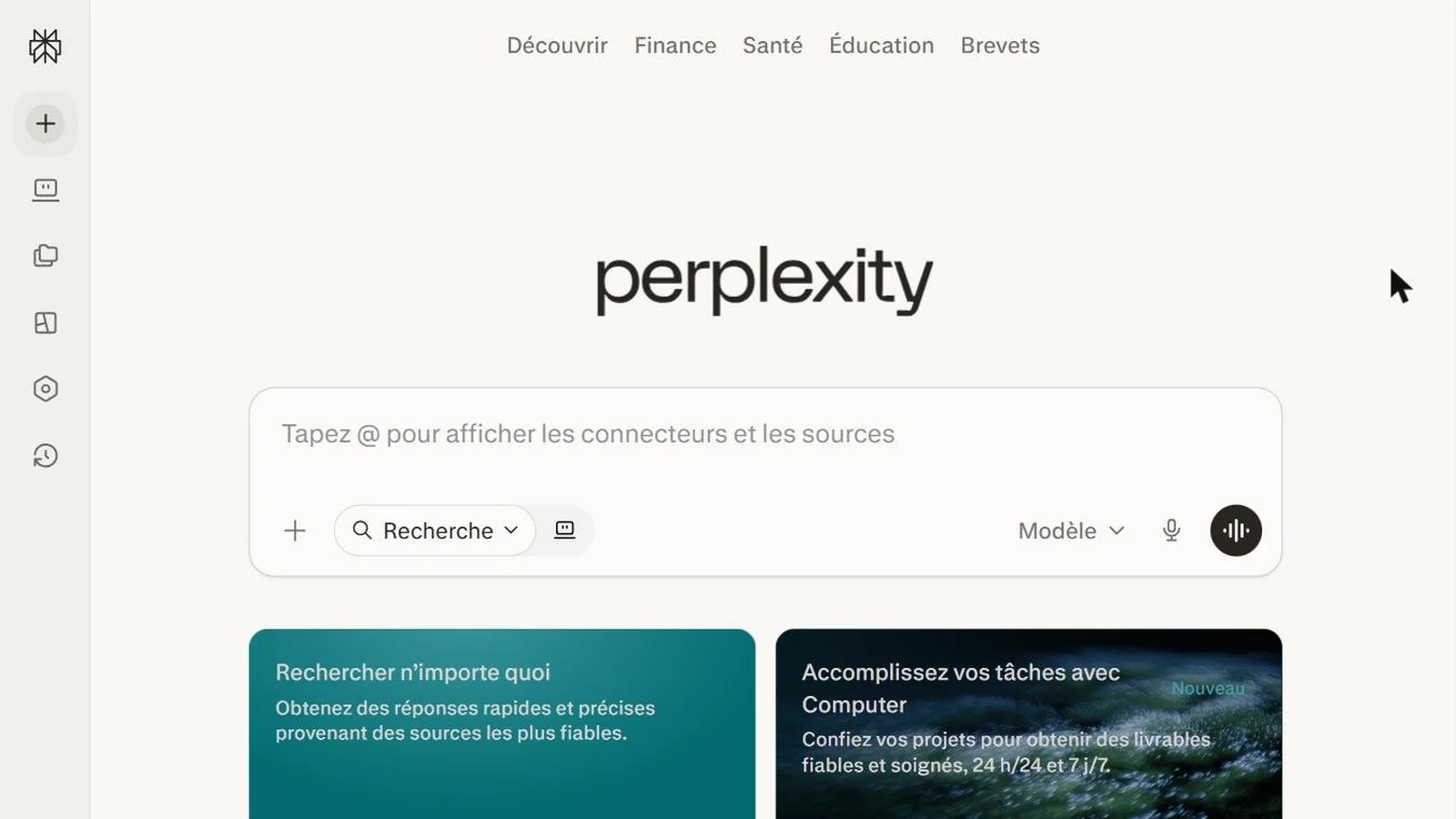 Interface de Perplexity en francais avec le selecteur de modele et Perplexity Computer
