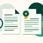 Deux documents avec un badge de declaration, illustration de la mention obligatoire des contenus rediges par IA