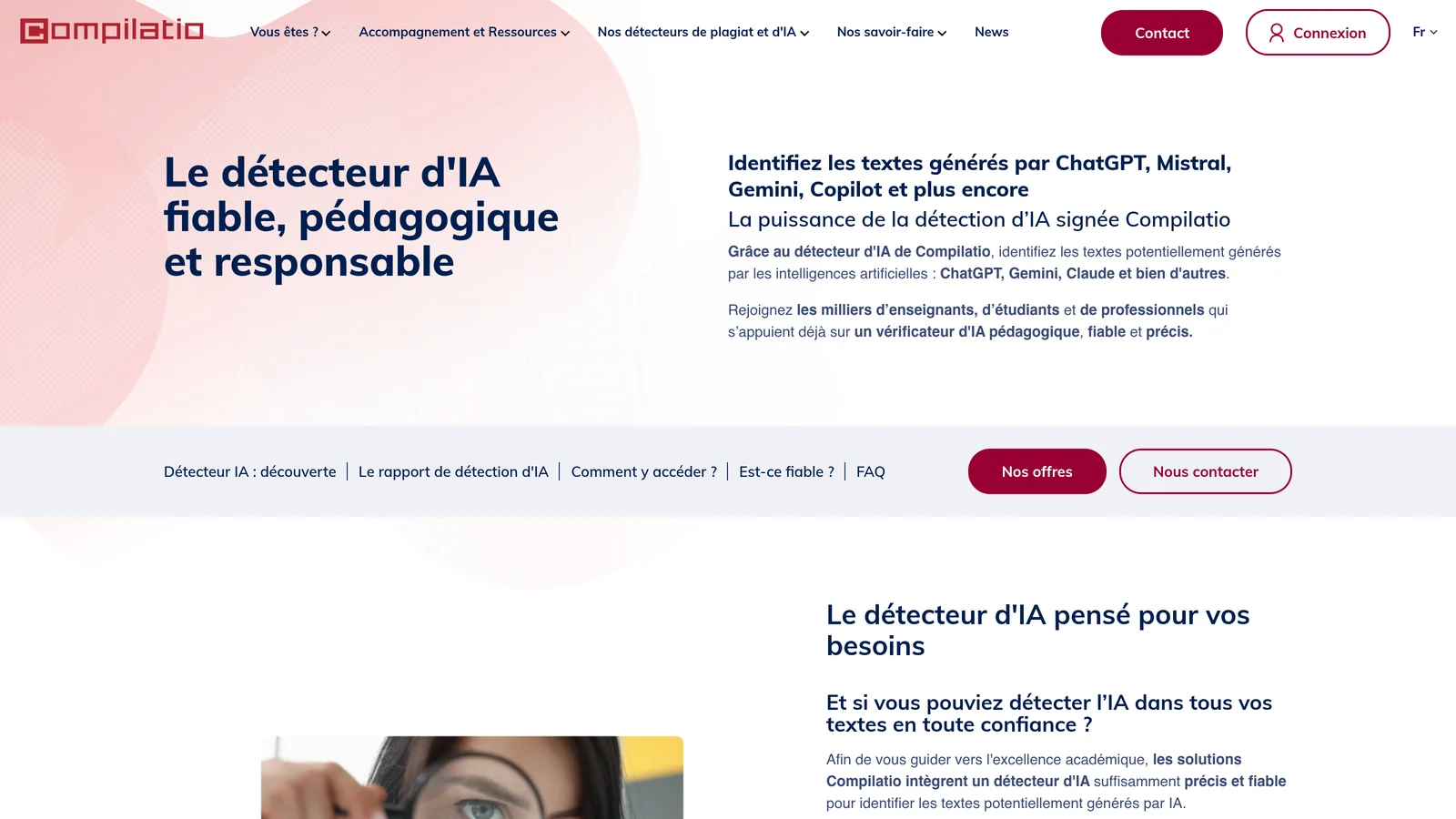 Compilatio, detecteur d'IA francais pour ChatGPT, Mistral, Gemini et Copilot
