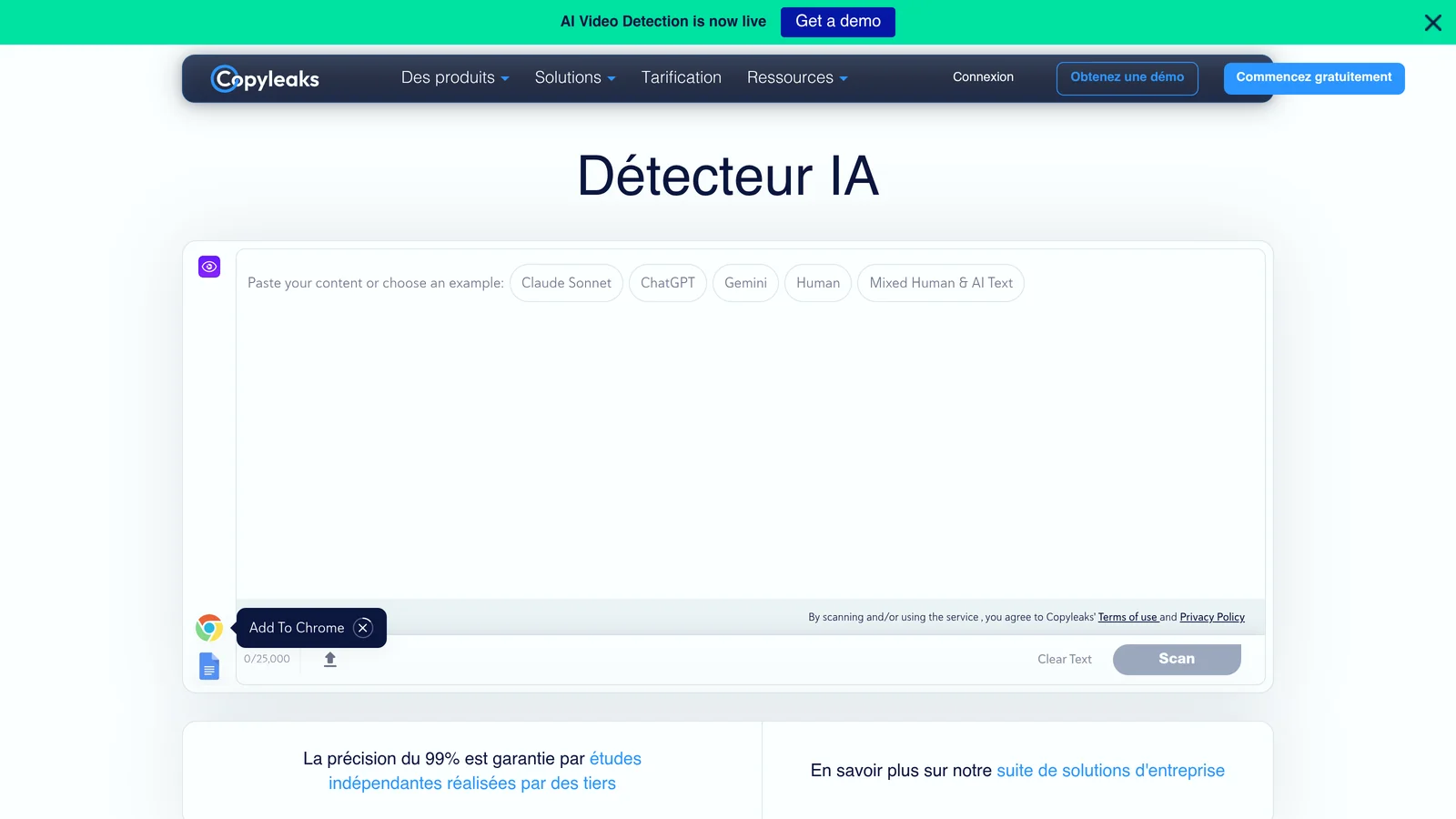 Copyleaks, detecteur d'IA en francais avec precision annoncee de 99 pour cent