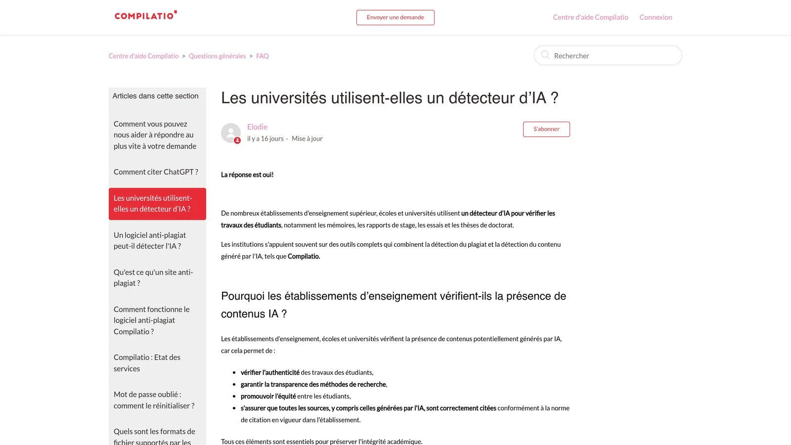 Article d'aide Compilatio confirmant que les universites utilisent un detecteur d'IA