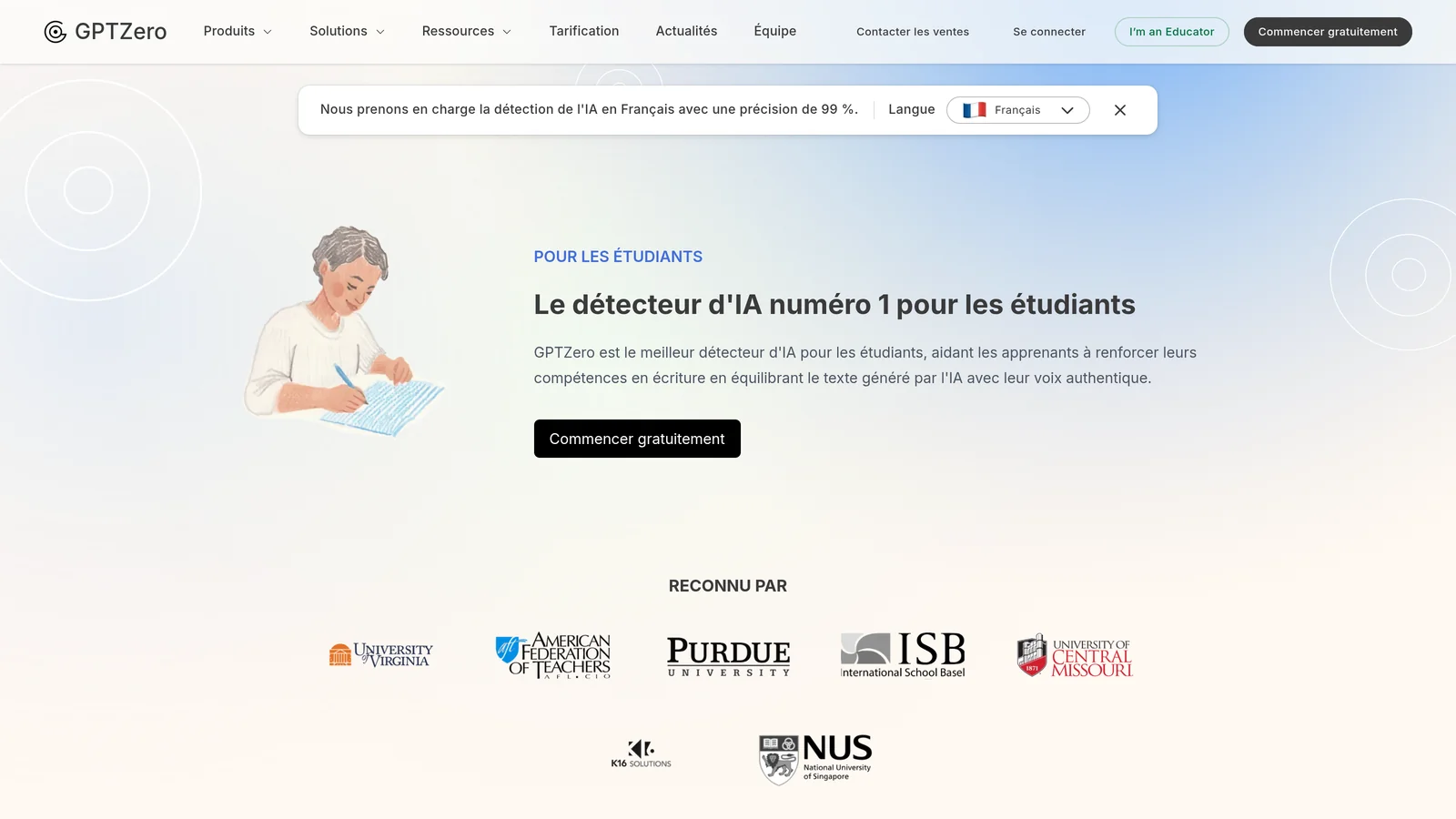 GPTZero, page dediee aux etudiants pour verifier un devoir avant de le rendre
