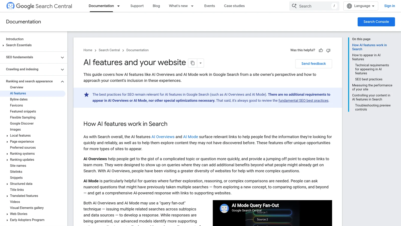 Page de documentation Google Search Central AI features and your website