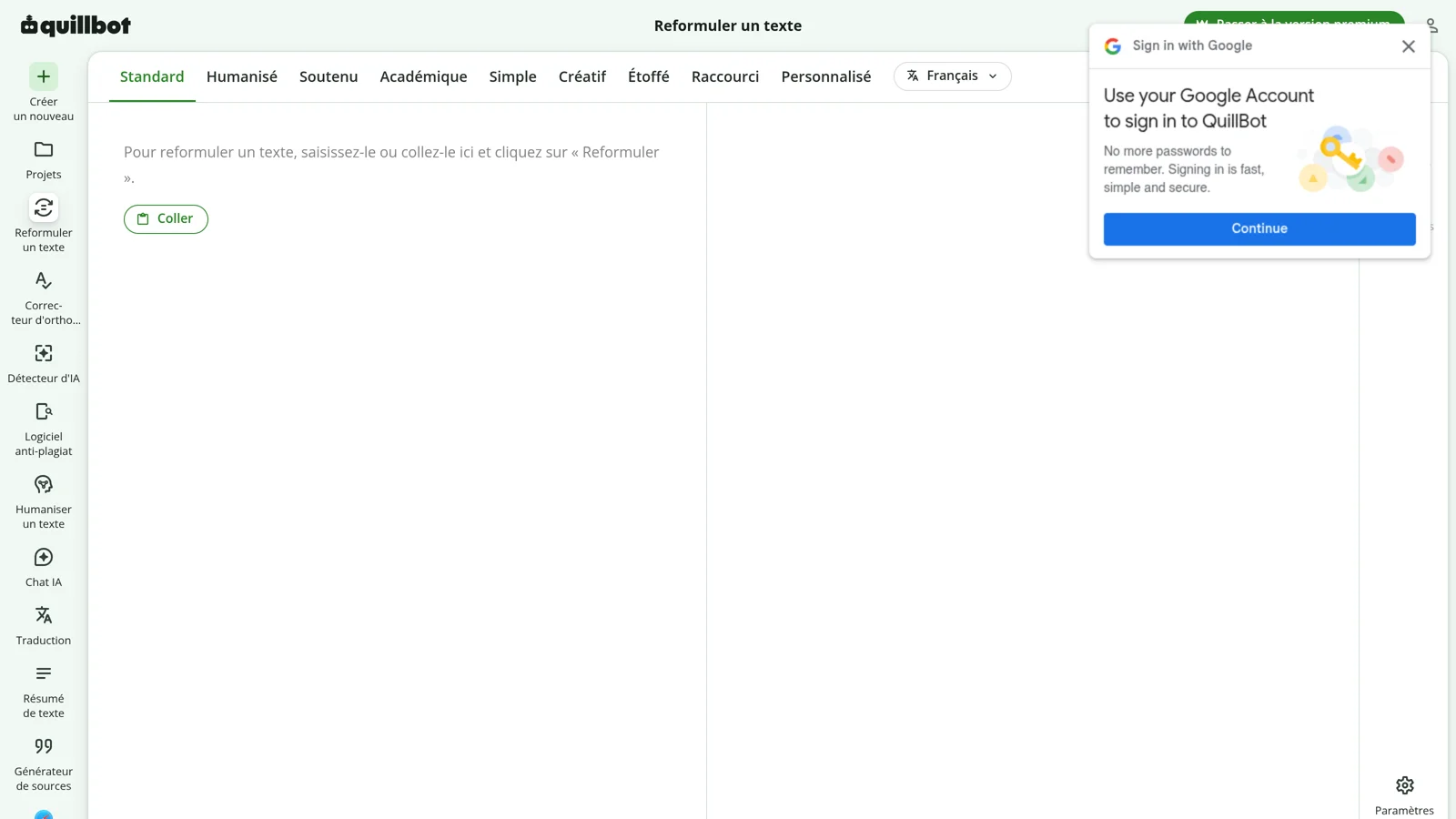 Interface Quillbot pour reformuler un texte : modes Standard, Humanisé, Académique, Créatif en français