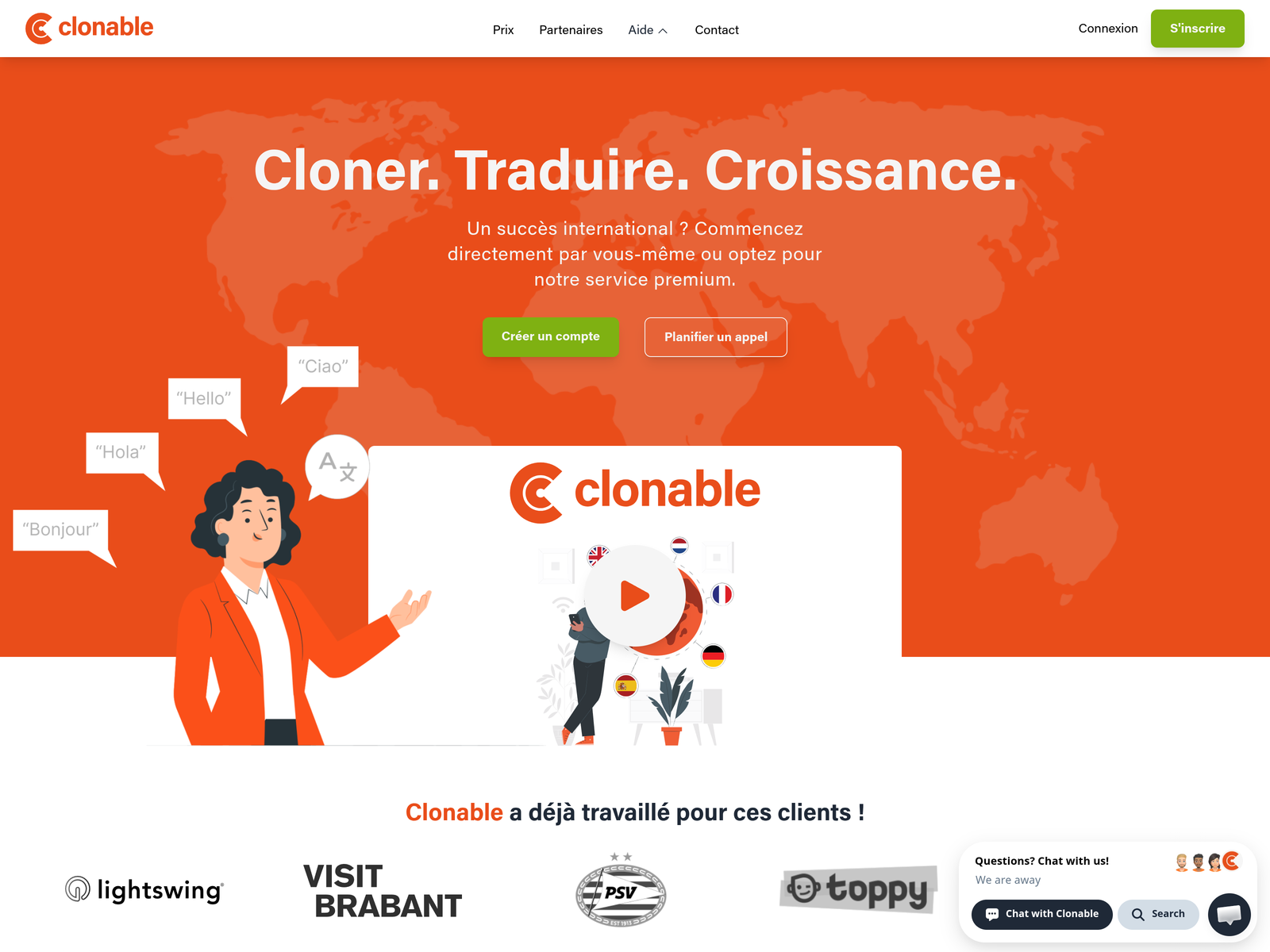 Page d'accueil de Clonable en français : cloner, traduire, croissance