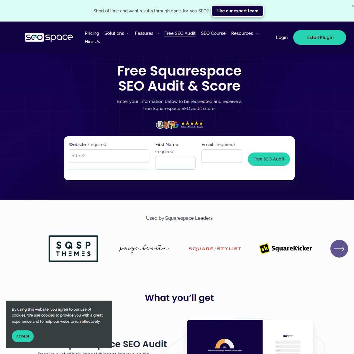 Page d'audit SEO Squarespace gratuit de SEOSpace : formulaire pour recevoir son score