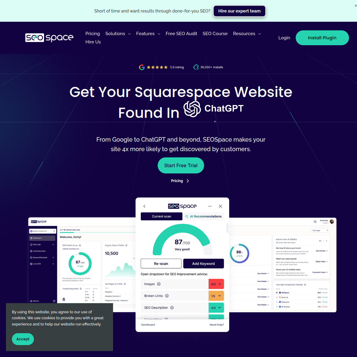 Tableau de bord SEOSpace : score de santé SEO 87/100 et recommandations sur un site Squarespace