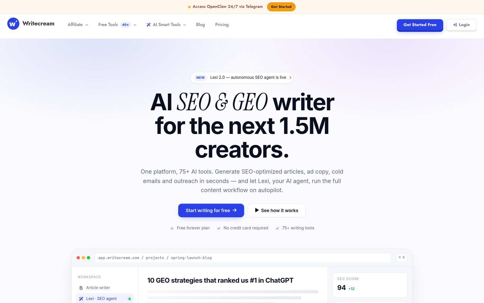 Page d'accueil de Writecream : rédacteur IA SEO et GEO, 75+ outils, plan gratuit