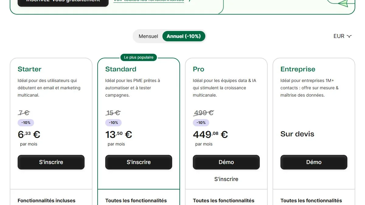 Page tarifs de Brevo le 23 octobre 2026 : Starter, Standard, Pro et Entreprise, avec facturation annuelle à moins 10 pour cent