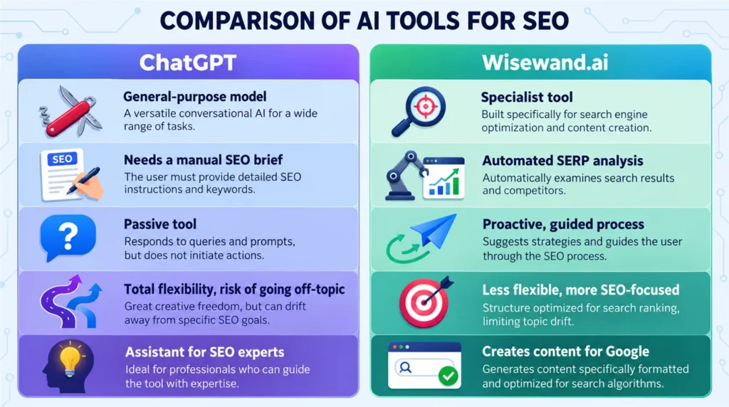 Infographic comparing ChatGPT and Wisewand.ai for SEO