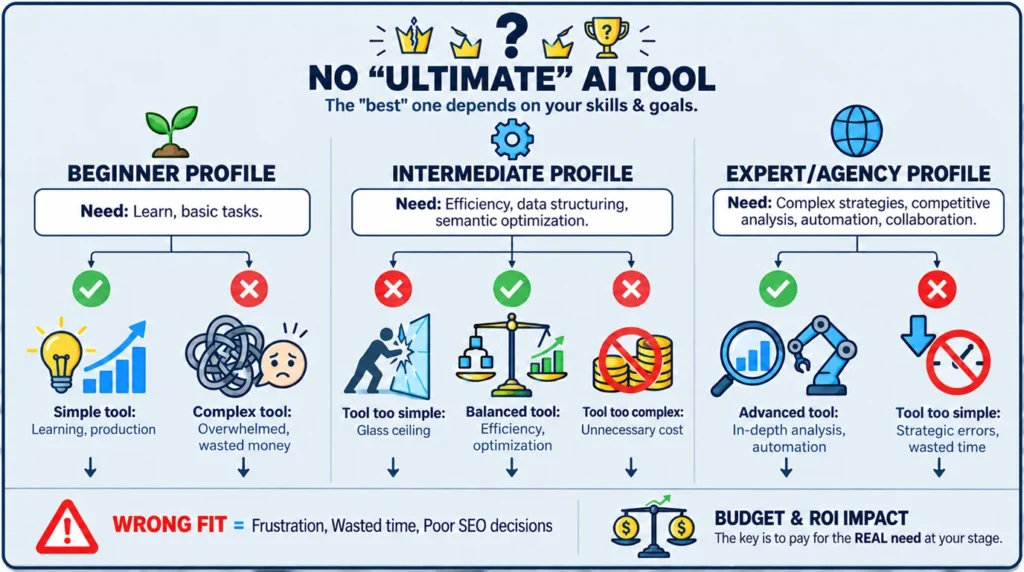 Infographic guide to choosing an AI SEO tool for beginner, intermediate and expert profiles