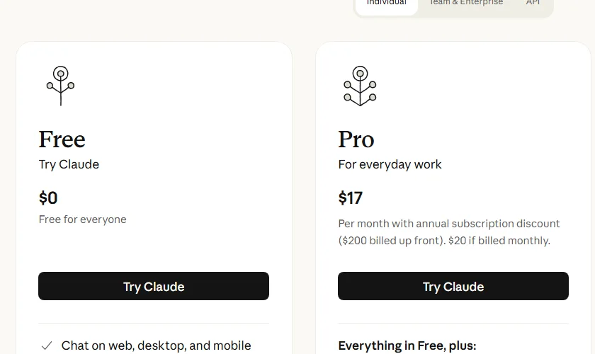 Claude pricing page showing the Free, Pro and Max plans in US dollars