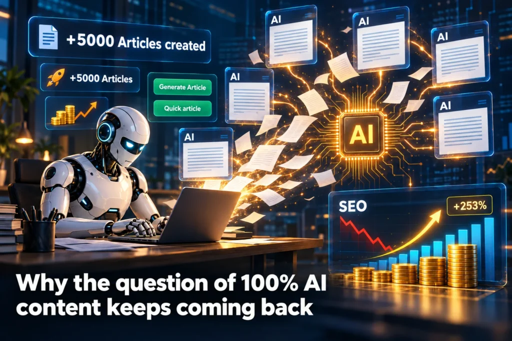 Illustration of mass AI content production and its impact on organic search, with the title Why the question of 100% AI content keeps coming back
